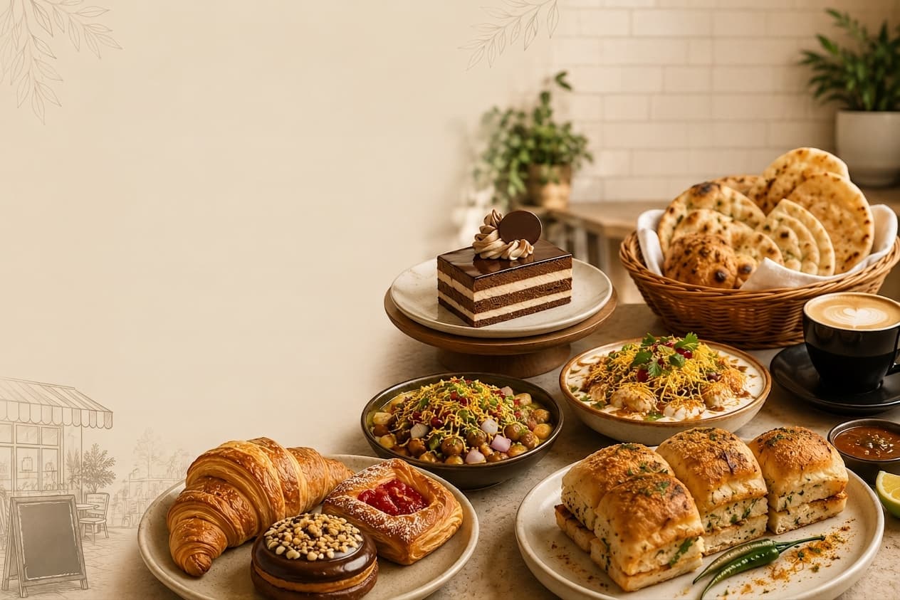 A spread of BitesCart pastries, chaat, bread, and coffee